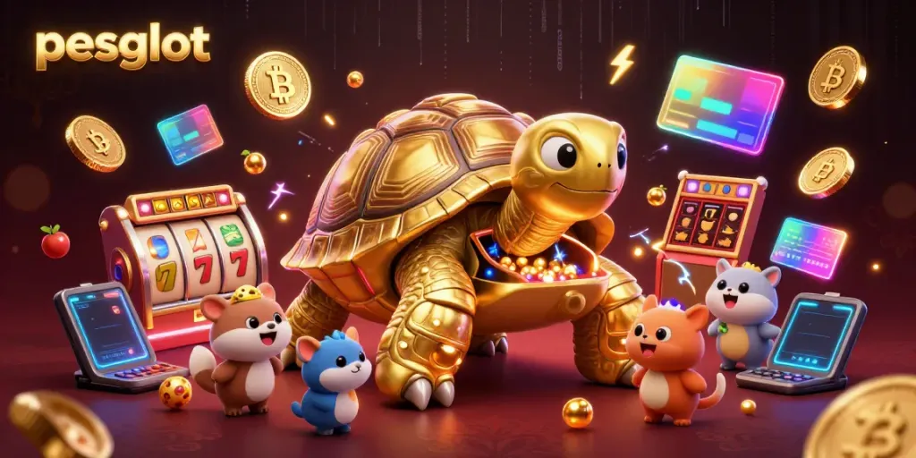Permainan slot pesgslot dengan karakter kura-kura emas dan hewan kecil, dikelilingi simbol jackpot.