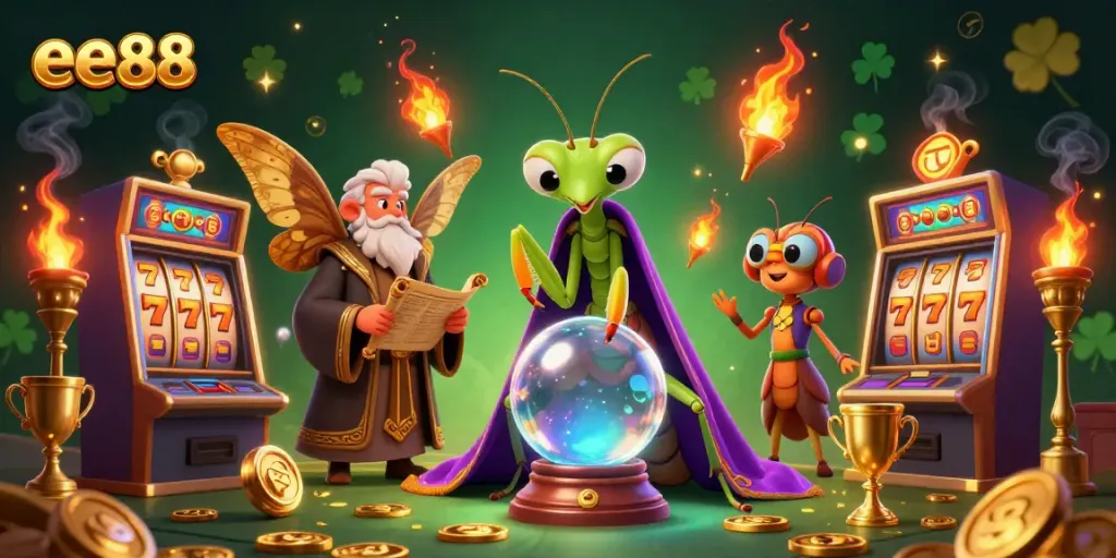 Engage in thrilling gameplay at ee88 with colorful slot machines and dynamic casino elements in a vibrant illustration.