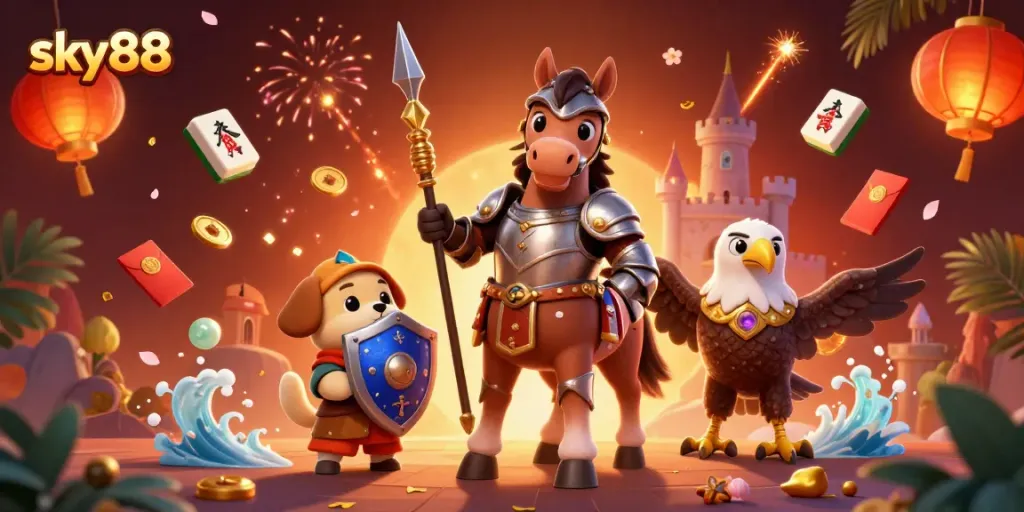 Engage with thrilling gameplay at sky88, showcasing a vibrant illustration of knights and fortune symbols.