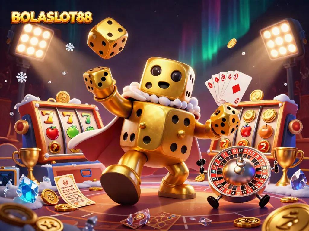 BOLASLOT88 showcases an exciting 3D illustration of a golden dice golem and slot reels, highlighting vibrant gambling elements and energy.