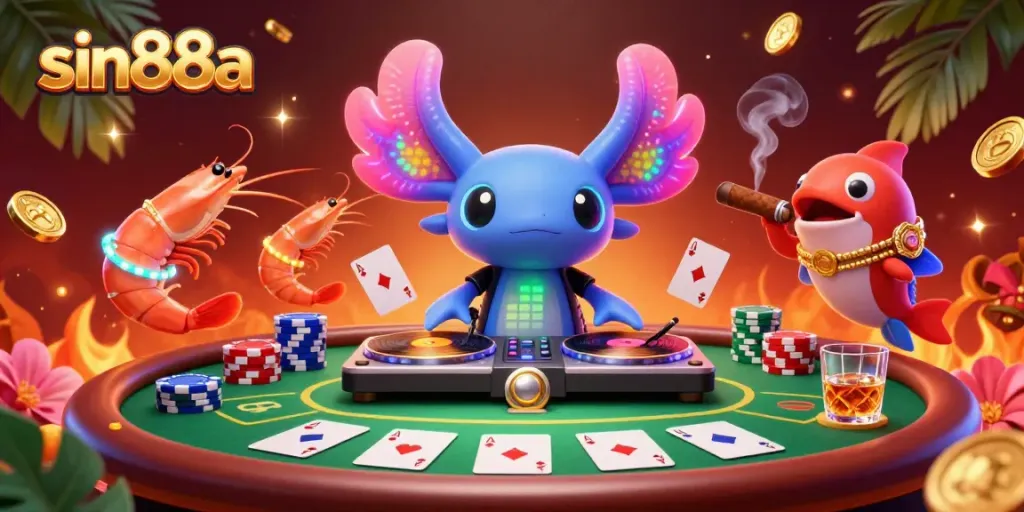 Join the neon-colored axolotl DJ at sin88a, where vibrant poker action lights up the underwater party.