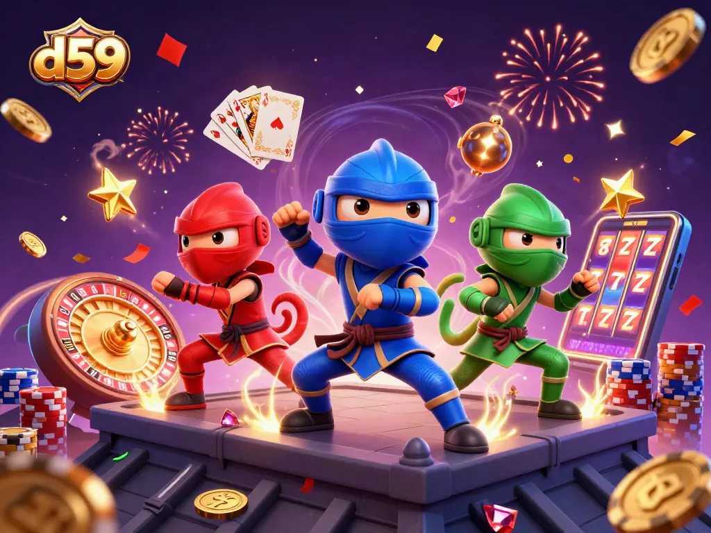 D59 chameleon ninjas celebrate with coins, gems, and a roulette wheel in a vibrant casino scene.