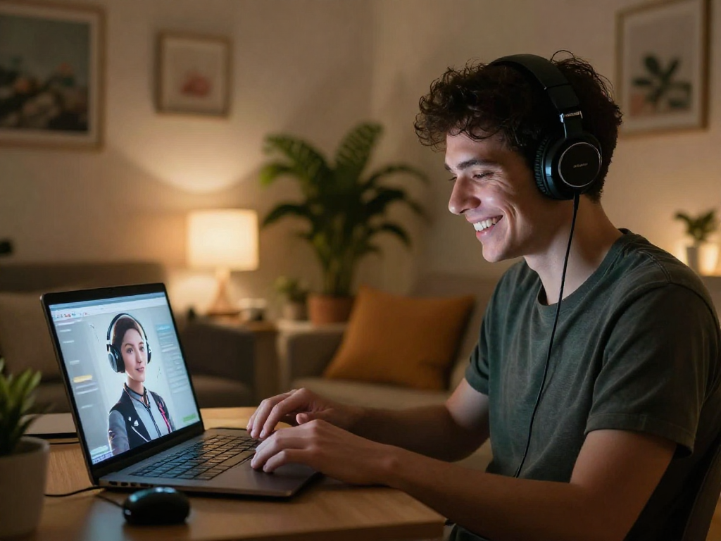 Engaging ai porn chat scene with a friendly user in a cozy room.