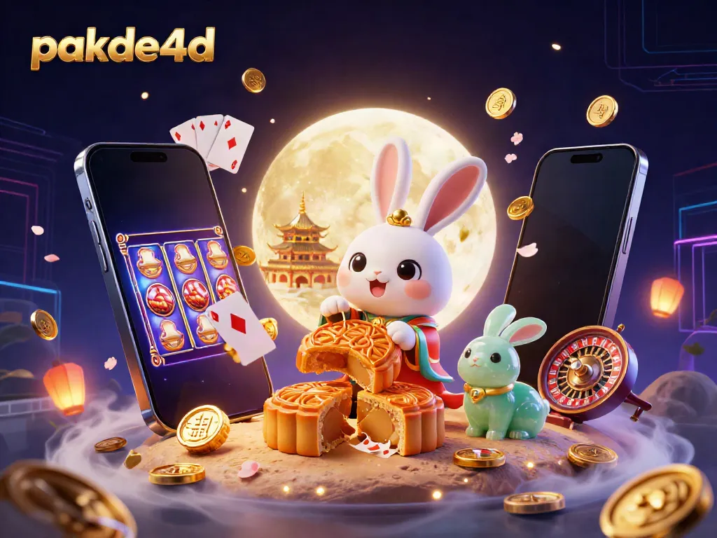 Engage with pakde4d's dynamic world where a moon rabbit reveals poker chips, embodying the excitement of online gambling.