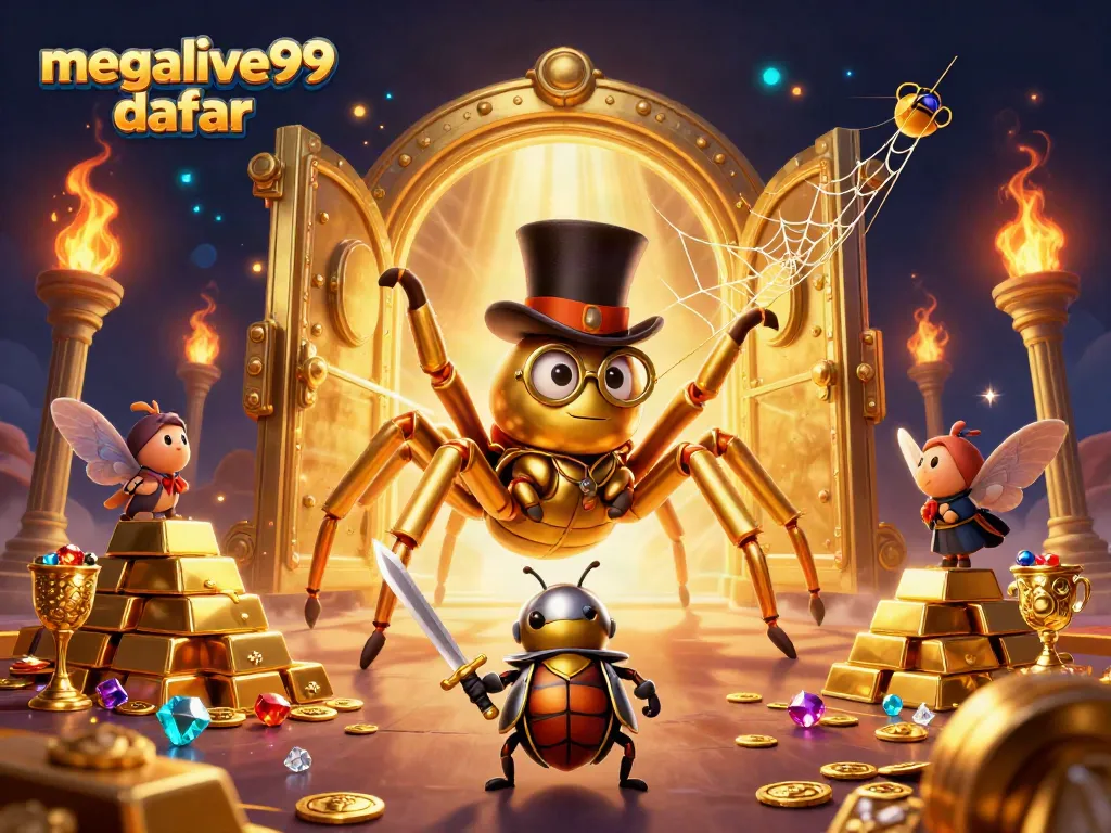 Megalive99 daftar: ilustrasi kasino dengan tarantula emas, ksatria beetle, dan ornamen berkilau.