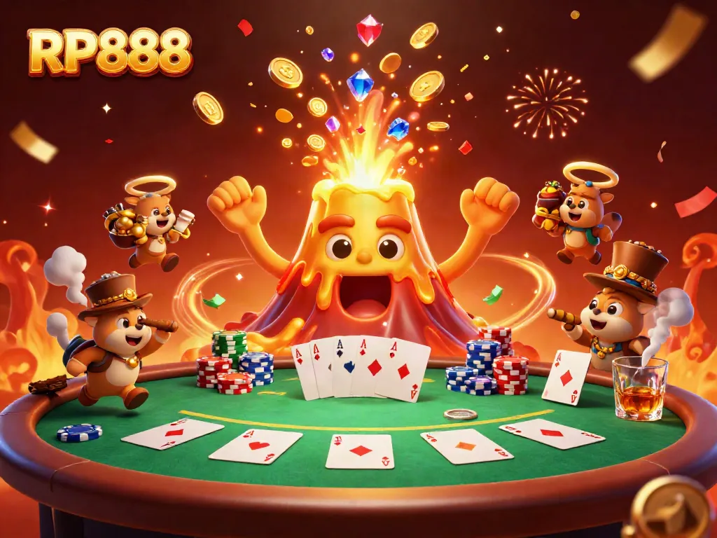 Experience the excitement of RP888 with a vibrant casino-themed illustration featuring elements of luck and adventure.