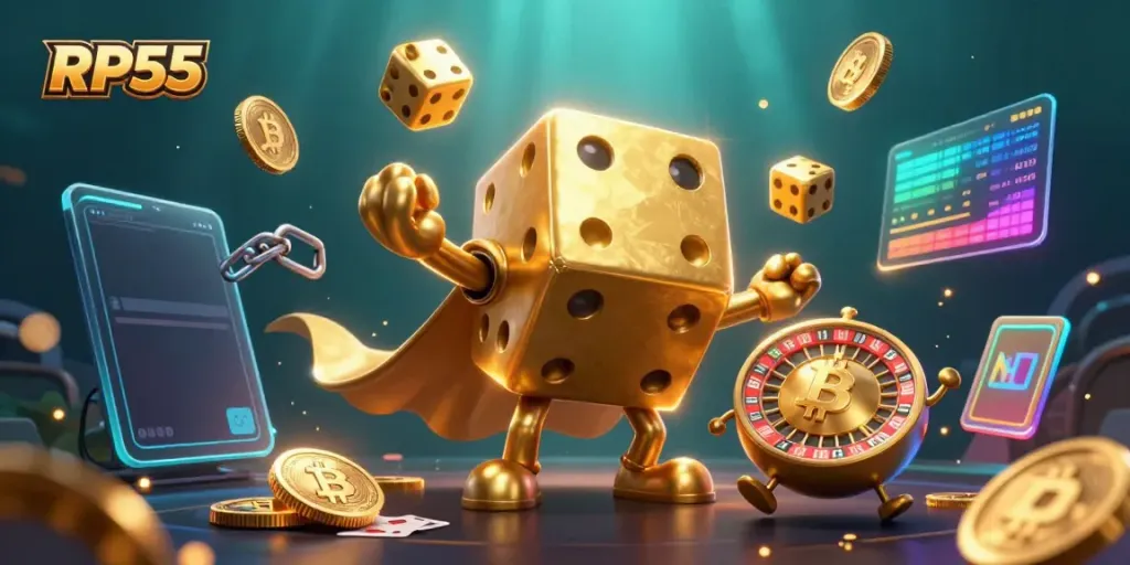 Experience winning with RP55 in a vibrant casino-themed illustration featuring golden dice golem and crypto coins.