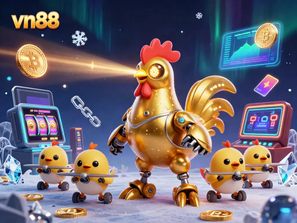 Join the adventure at vn88 with a golden rooster robot and baby chick drones celebrating casino gameplay.