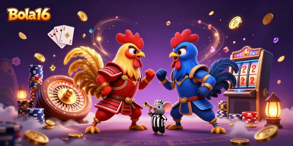 Bola16 roosters in a dramatic casino standoff with gold coins flying, engaging gamblers with excitement.