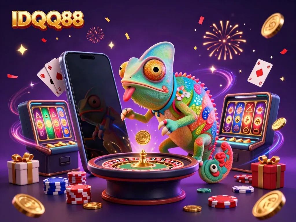 Experience vibrant gameplay with IDQQ88, featuring colorful slots and casino elements amidst festive confetti.