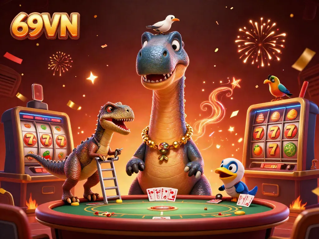 Experience the fun of 69VN with vibrant casino elements and cheerful characters in a dynamic digital illustration.
