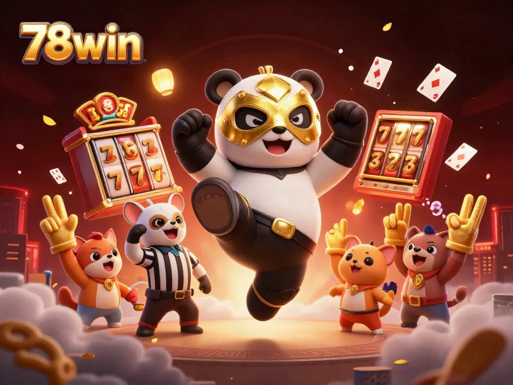 Exciting action scene from 78win casino featuring a panda wrestler kicking, surrounded by slots and players.