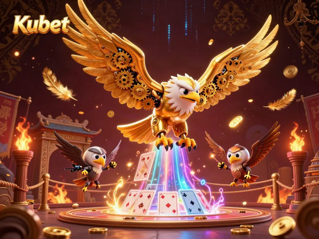 Kubet immerses gamers in a vibrant 3D casino scene with a golden eagle and holographic cards.