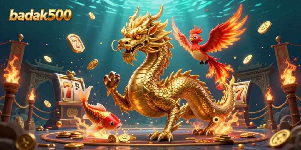 Memutar mesin slot badak500 dengan naga emas dan ikan koi melompat di atas koin.