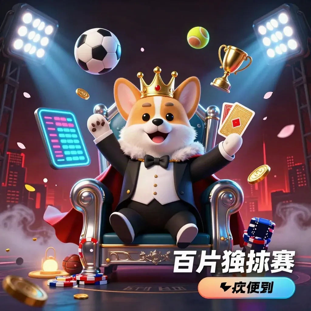 Royal corgi and cat butler amid casino sports icons, neon cyan glow, cinematic city lights.