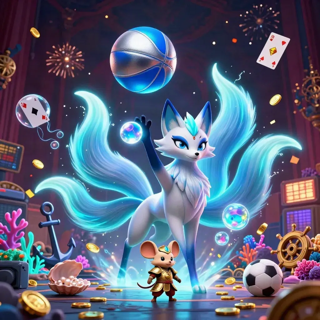 Neon fox spirit and samurai mouse amid hoops, coins, coral, cards, confetti and casino lights
