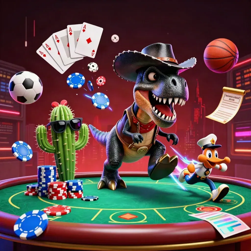 Cowboy T-Rex, cactus sidekick, and roadrunner burst over poker chips in neon casino light.