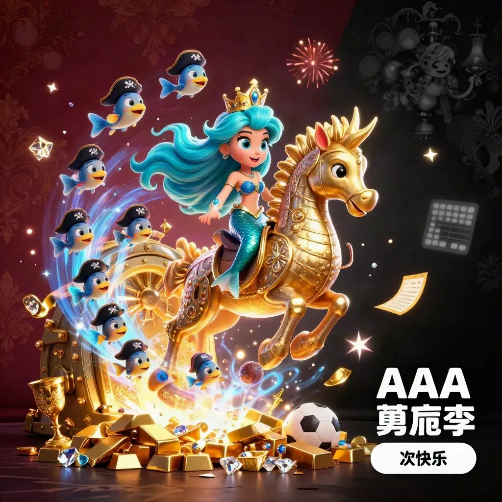 Mermaid princess rides a golden seahorse through treasure, pirate fish, and neon casino light.