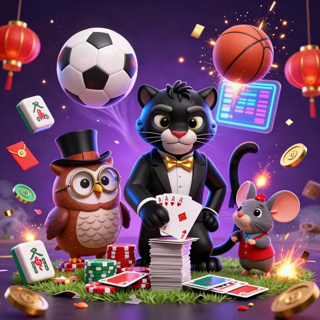 Panther, owl, and mouse amid flying chips, soccer ball, and neon casino effects.