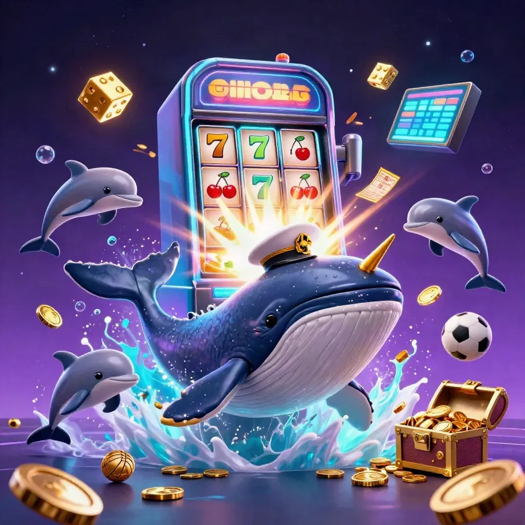 Whale, narwhal, dolphins, coins, and neon casino symbols burst in a purple-blue glow.