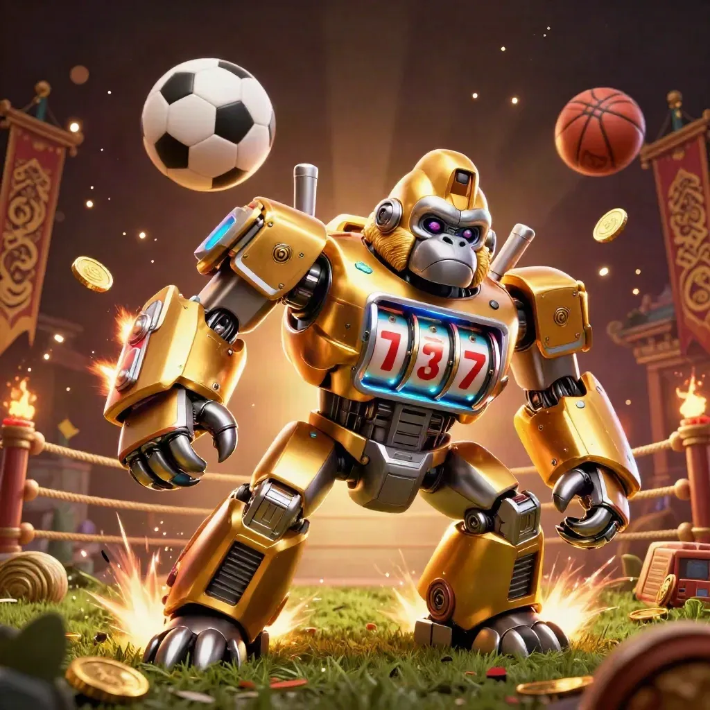 Golden gorilla mech with monkey pilot, flying balls, coins, banners and casino lights.