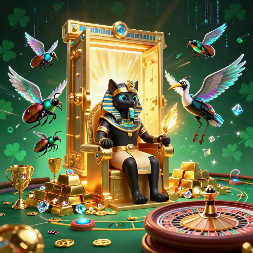 Pharaoh cat, ibis scribe, and gem-winged scarabs amid vault light and neon casino luxury.