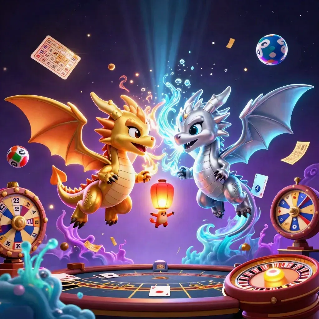 Twin gold and silver dragons with fire and ice, casino props, purple starfield glow