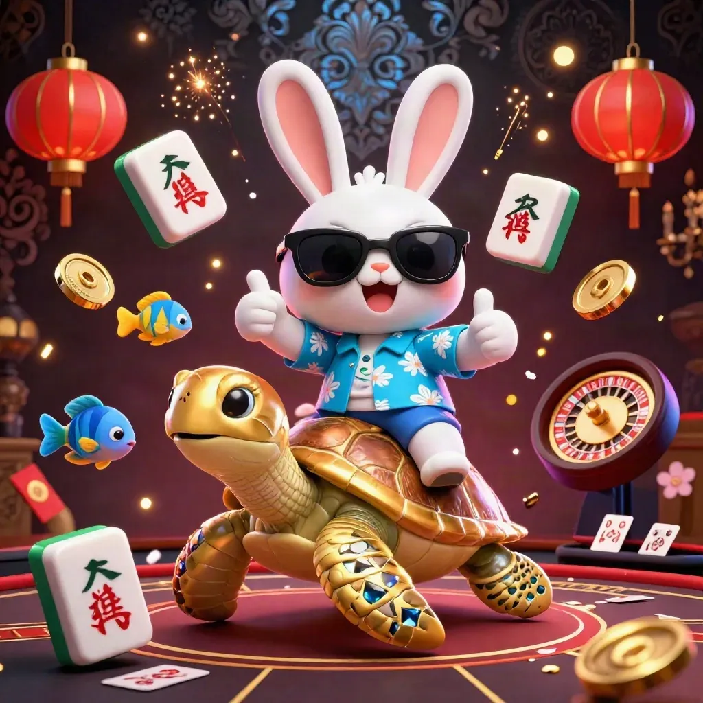 Lucky rabbit rides a gem turtle amid casino luxuries, lanterns, coins, and glowing lights.