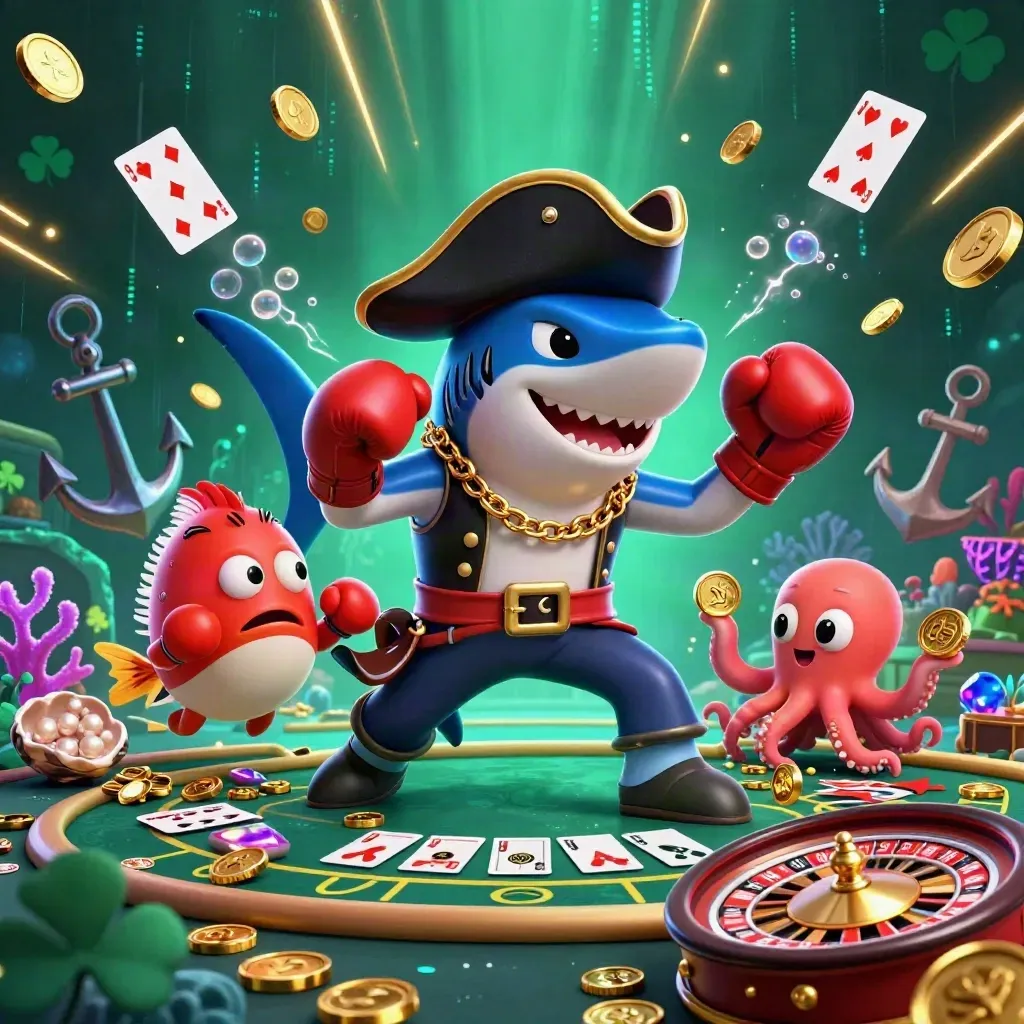 Pirate shark, red pufferfish, and baby octopus amid neon casino treasure.