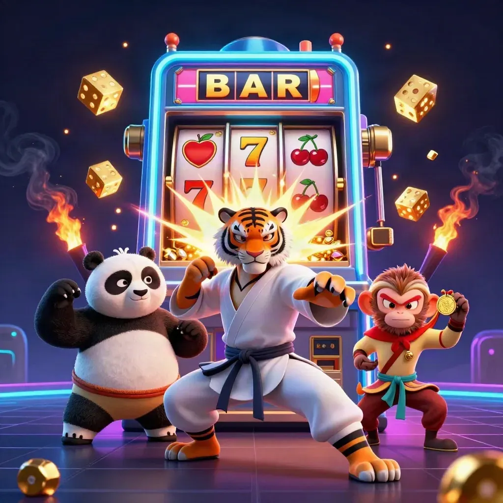 Kung-fu tiger, panda, and monkey amid exploding slot machine, gold, dice, and cyan light.