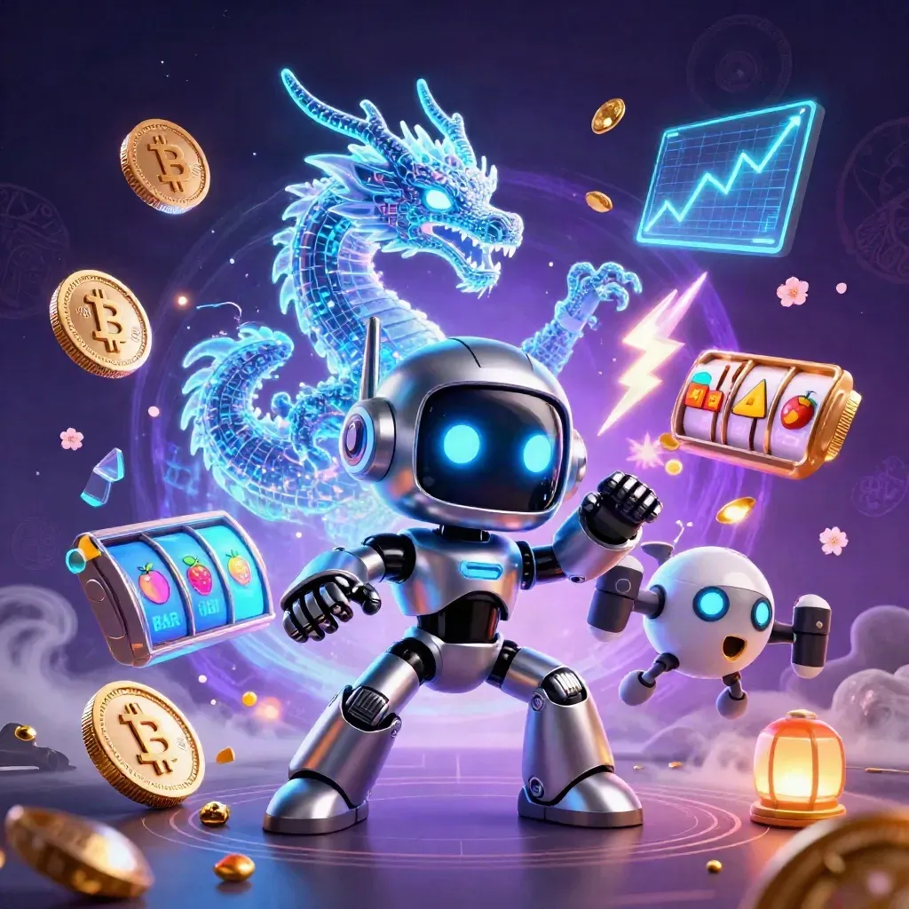 Chrome robot, holographic dragon, and coin drone amid neon crypto chaos and blue energy.
