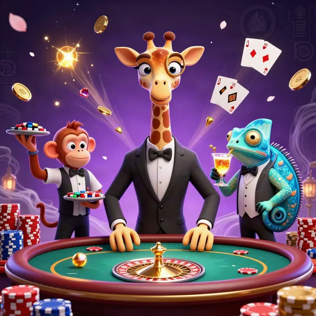 Giraffe high roller, monkey valet, and chameleon bartender amid coins, gems, chips, and neon casino magic.
