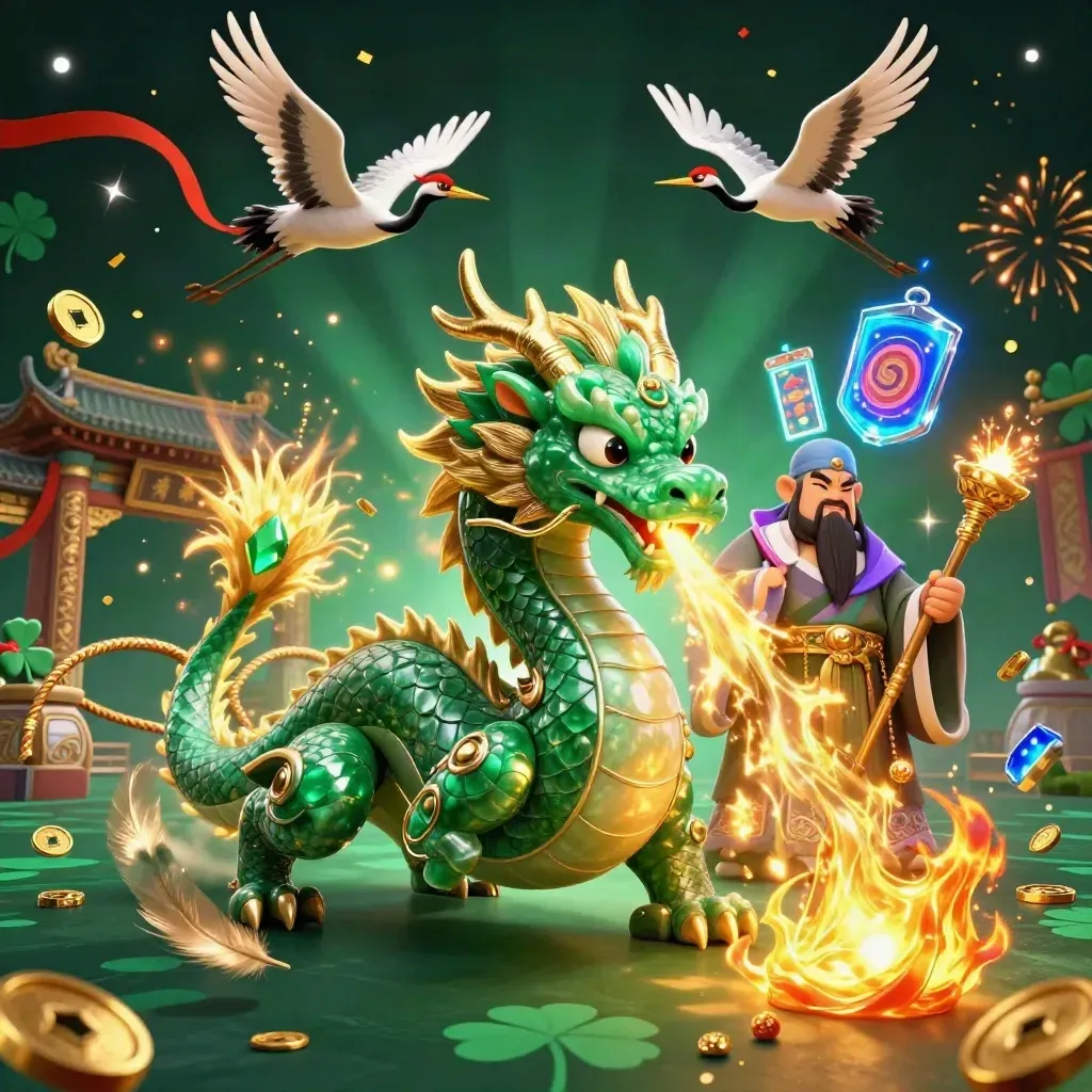 Emerald dragon, turtle sage, and cranes amid casino magic, coins, fire, and neon energy.