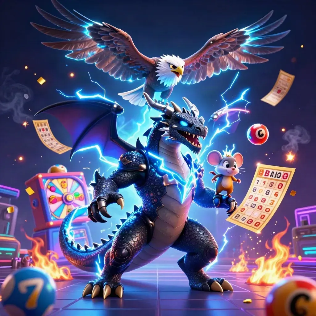 Thunder dragon, wind hawk, and static mouse amid casino bursts and neon blue energy.