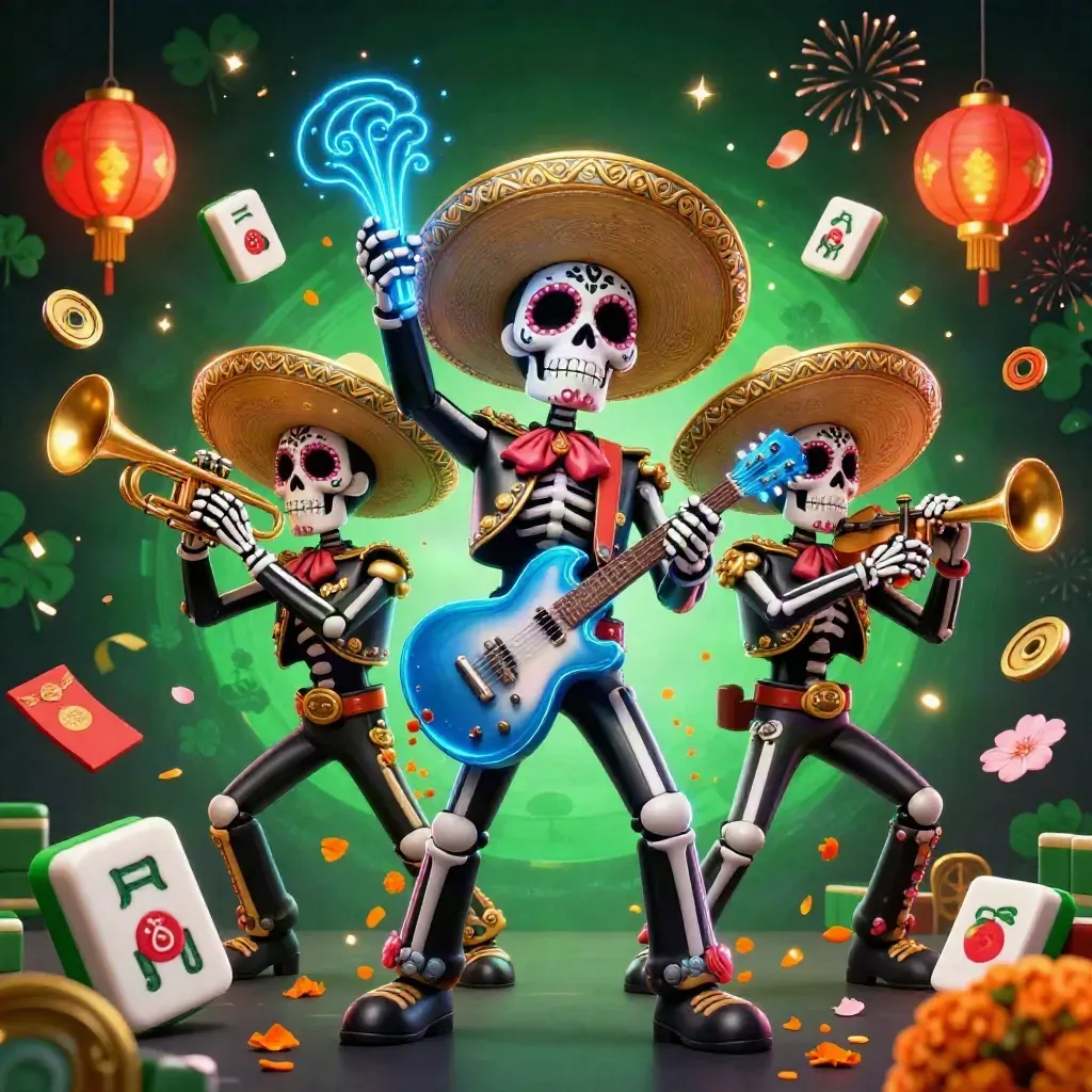 Three skeleton mariachi play amid blue neon casino magic and fireworks.