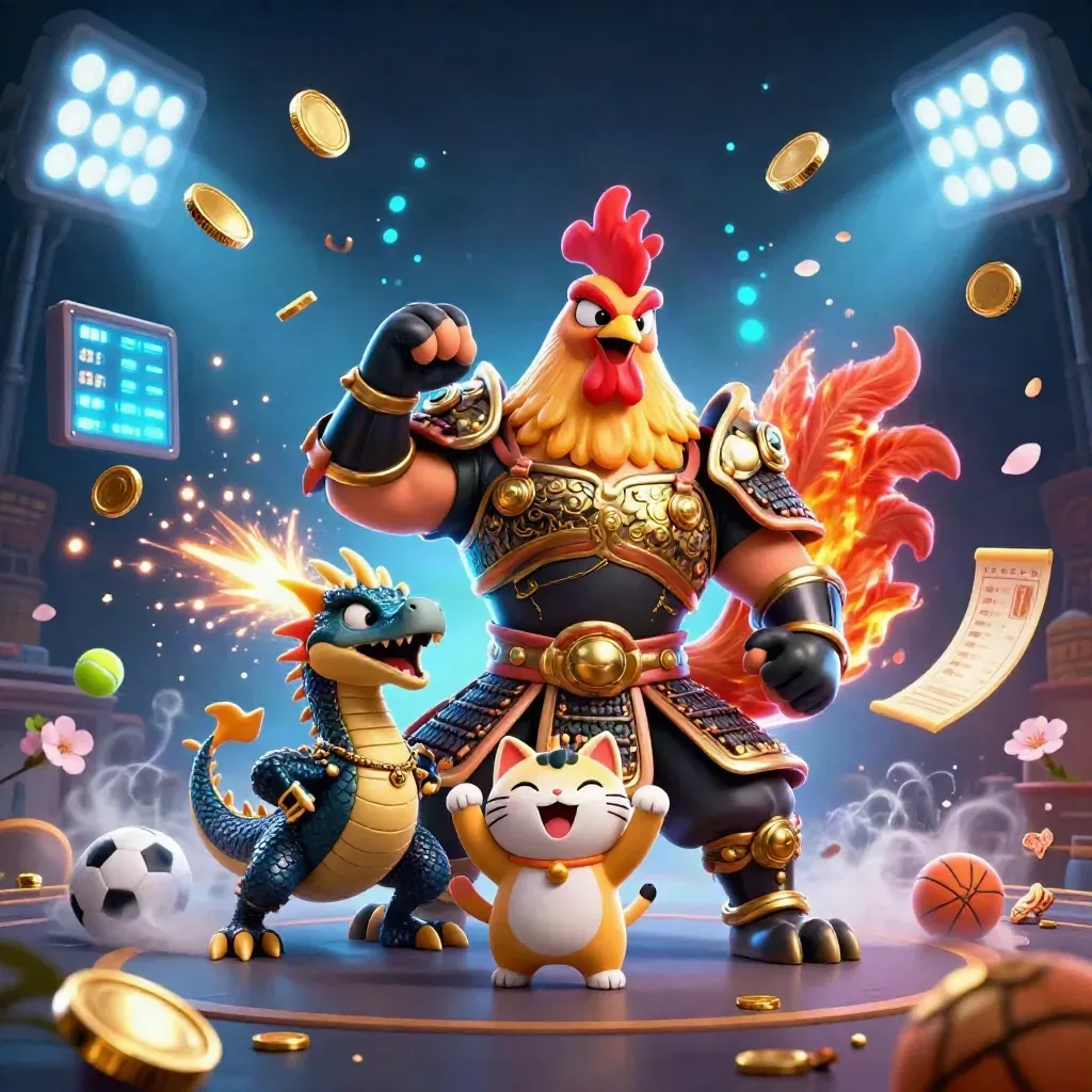 Rooster warrior, dragon hatchling, and fortune cat amid bursting coins, fireworks, and neon casino glow.