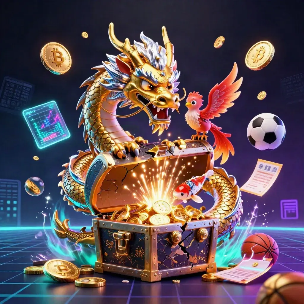 Golden dragon, phoenix, koi and neon casino esports elements bursting around treasure.