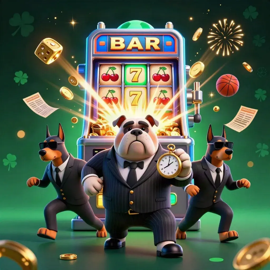 Cartoon bulldog mob boss with two dobermans amid exploding slot machine gold, dice, and fireworks