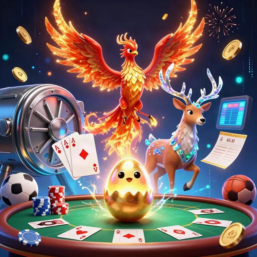 Fire phoenix, baby phoenix, crystalline stag, poker chips, coins, fireworks, and neon casino effects
