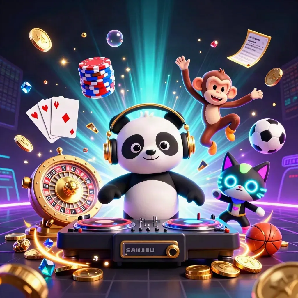 Panda DJ, dancing monkey, and rave kitten amid coins, chips, gems, and neon casino lights.