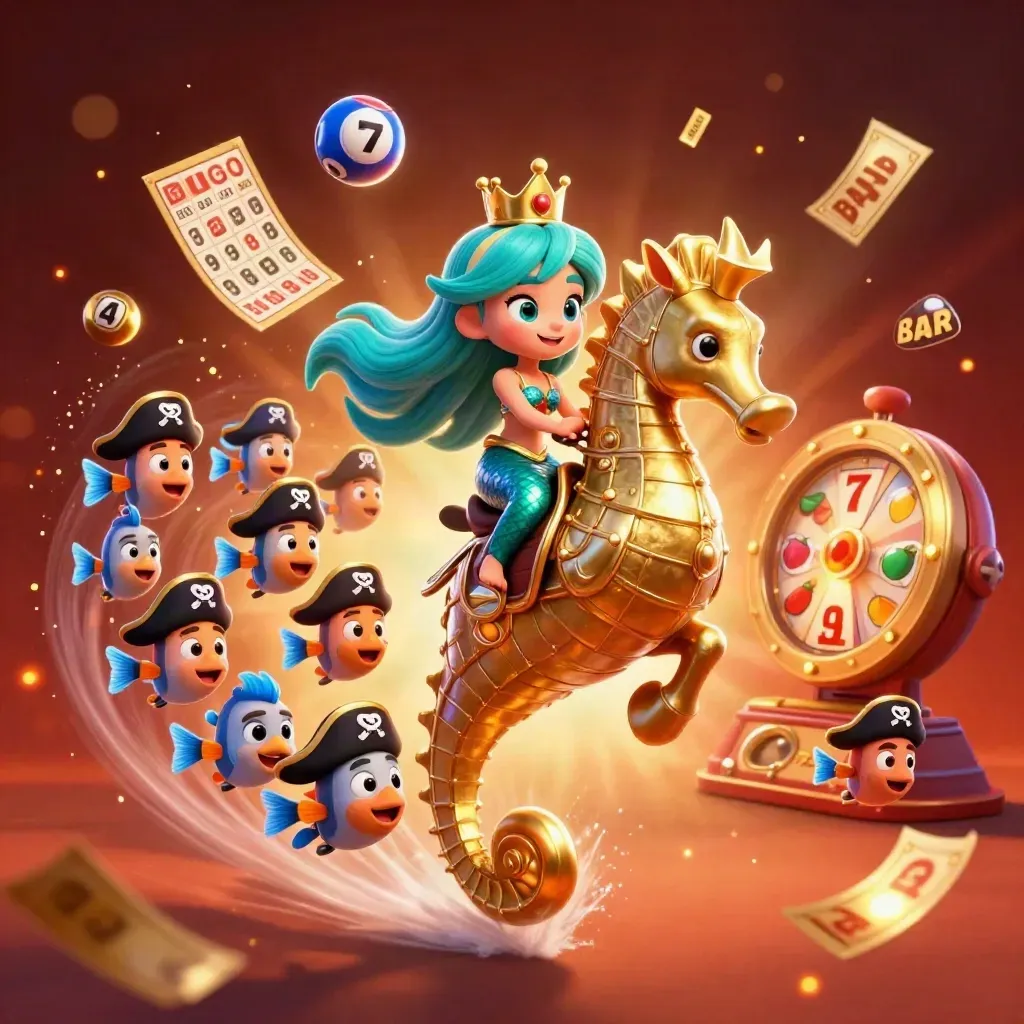 Turquoise mermaid princess on armored seahorse with pirate fish and casino symbols
