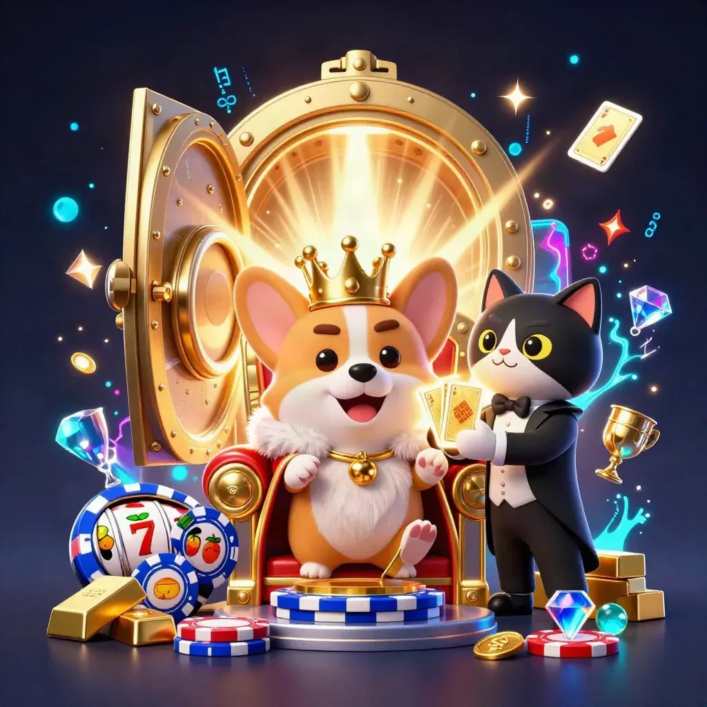 Royal corgi and cat butler amid a glowing vault, chips, reels, and neon blue casino energy