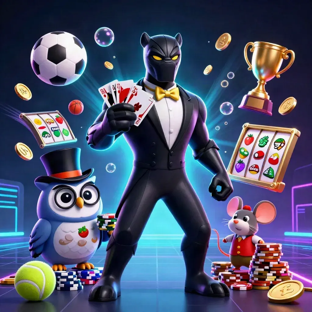 Panther, owl, and mouse casino heroes amid chips, balls, trophies, and neon casino light.