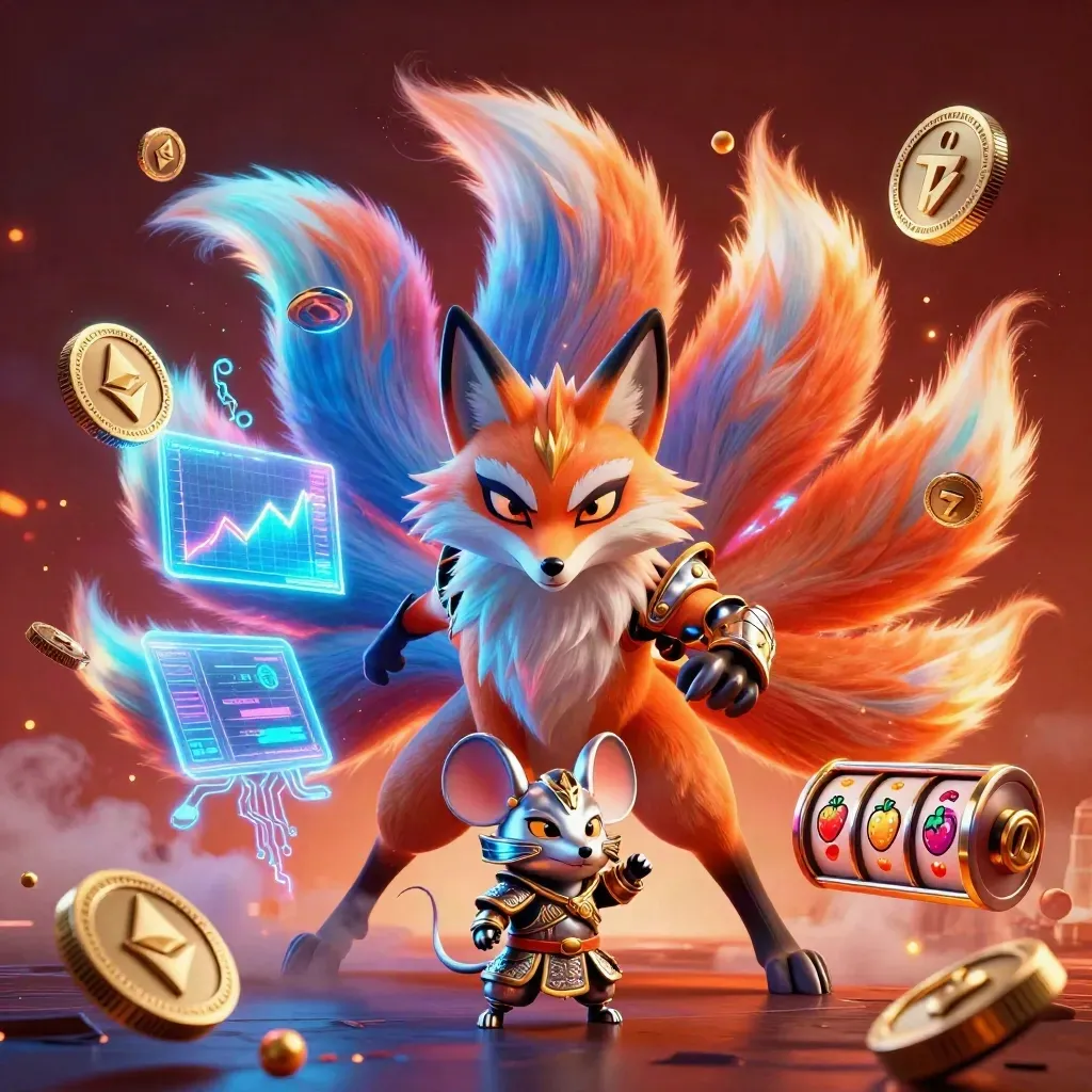 Neon fox spirit and samurai mouse amid coins, lightning, reels, and embers