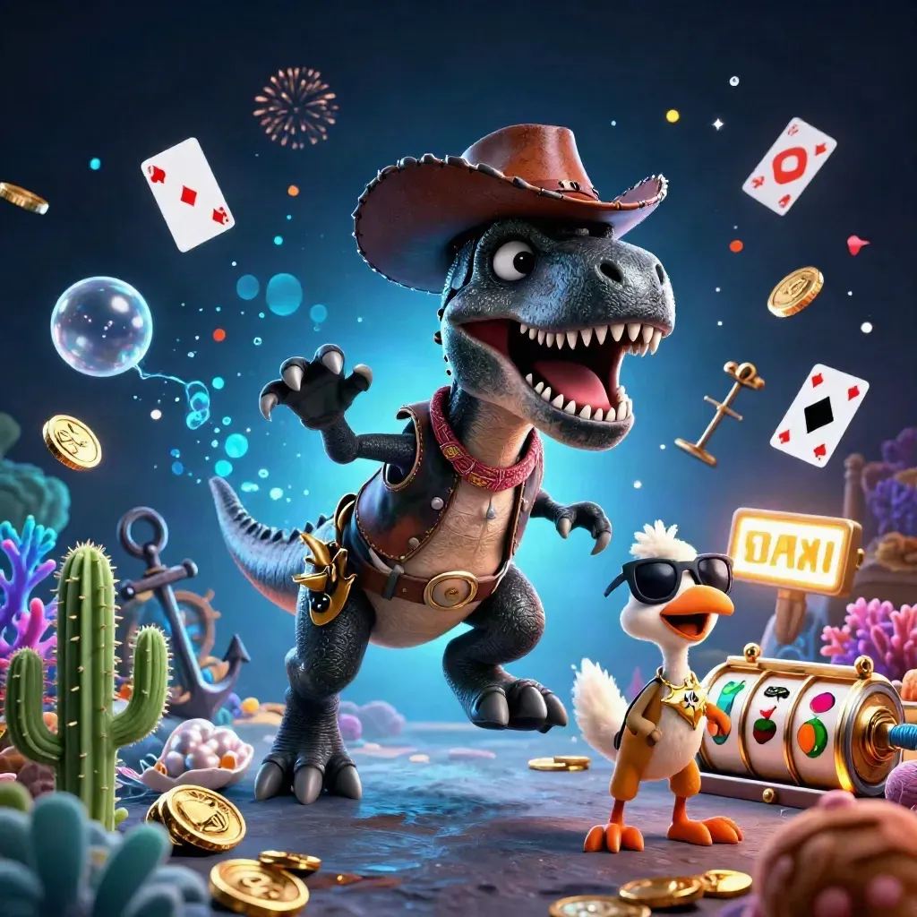 Cowboy T-Rex, cactus sidekick and sheriff roadrunner in neon casino treasure chaos