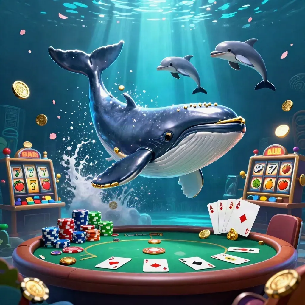 Whale captain, narwhal, and dolphins burst through casino coins with cards, chips, and glowing underwater lights.