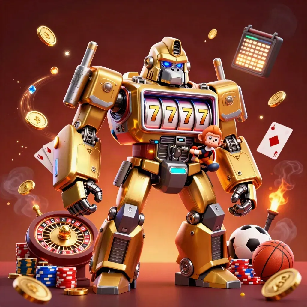 Golden gorilla mech with monkey pilot, casino symbols, coins, chips, and neon glow on dark ember background.