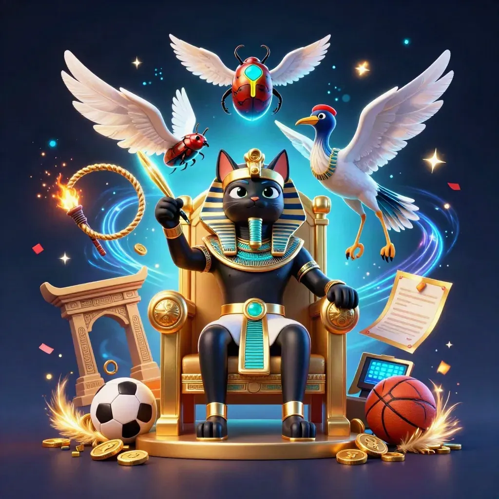Pharaoh cat, ibis scribe, and scarab beetles amid gold coins, cyan glow, and casino-style effects