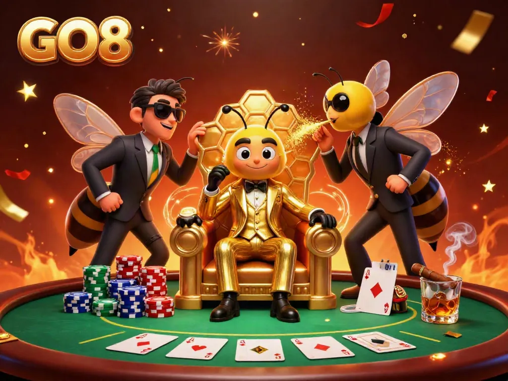 Experience the GO8 casino adventure with bumblebee mob bosses, poker chips, and vibrant celebration effects!