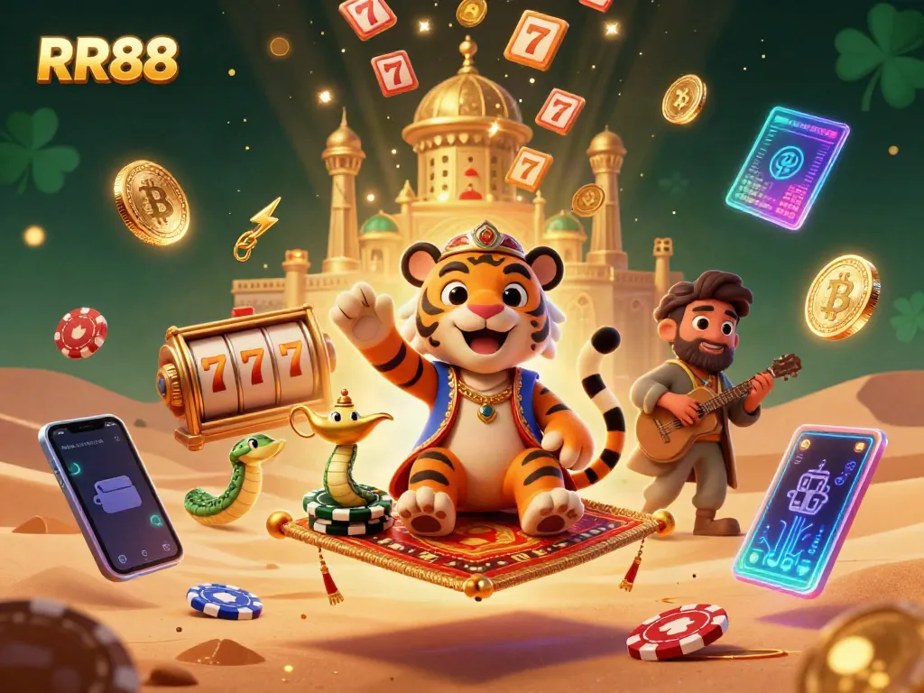 Win big with RR88 at an ultra-detailed 3D casino featuring a tiger sultan, jackpot counters, and crypto coins.